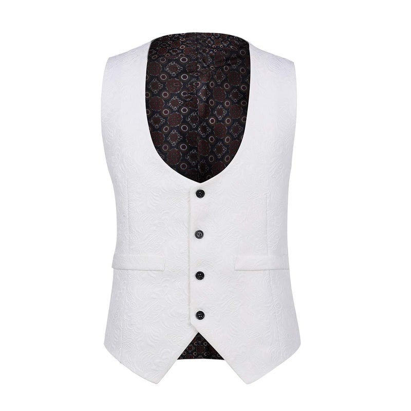 YFFUSHI Men's 3 Piece Suit Slim Fit Jacquard Tuxedo 1 Button Shawl Collar Blazer Vest & Pants for Wedding Formal Prom White - Image 3
